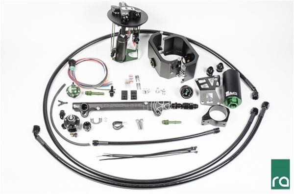 Fuel Delivery System, EVO X Fuel Hanger, Pumps Not Included, Walbro F90000267/274/285 E85 DMR, 8AN ORB, Black Fuel Feed, Cellulose Filter